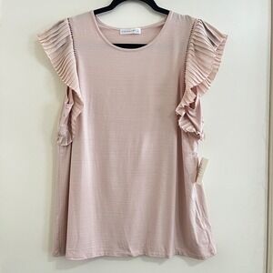 Retrology Large Pleated Flutter Sleeve Top Blush Pink Stretch Soft Romantic Work
